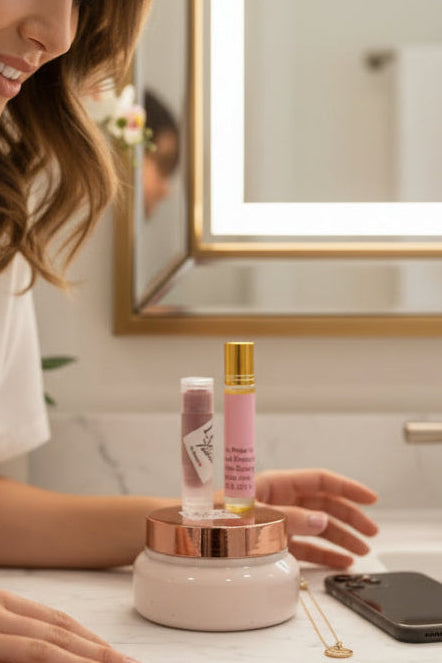 Glow-Up Bundle The rich body butter melts into skin, delivering deep moisture and a silky finish. The lip balm keeps lips soft, smooth, and protected all day. The roll-on oil of  an long lasting scent.