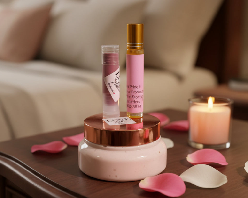 Glow-Up Bundle The rich body butter melts into skin, delivering deep moisture and a silky finish. The lip balm keeps lips soft, smooth, and protected all day. The roll-on oil of  an long lasting scent.