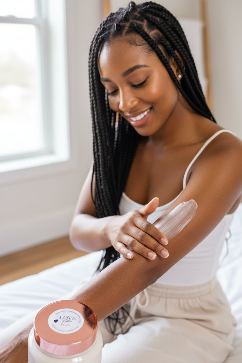 Glow-Up Bundle The rich body butter melts into skin, delivering deep moisture and a silky finish. The lip balm keeps lips soft, smooth, and protected all day. The roll-on oil of  an long lasting scent.