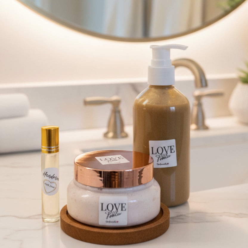 The Essence Trio Combo an complete Body care featuring Nourishing body oil, Creamy Face Cleansing wash, and Luxurious Body Butter.  This coordinated set brings spa-quality care into your home, making it perfect for daily use or as a thoughtful gift.